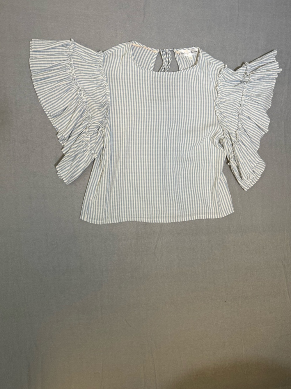 Anthropologie Pilcro Blue Striped Sybil Ruffle Sleeve Open Back Blouse Large - Picture 3 of 11